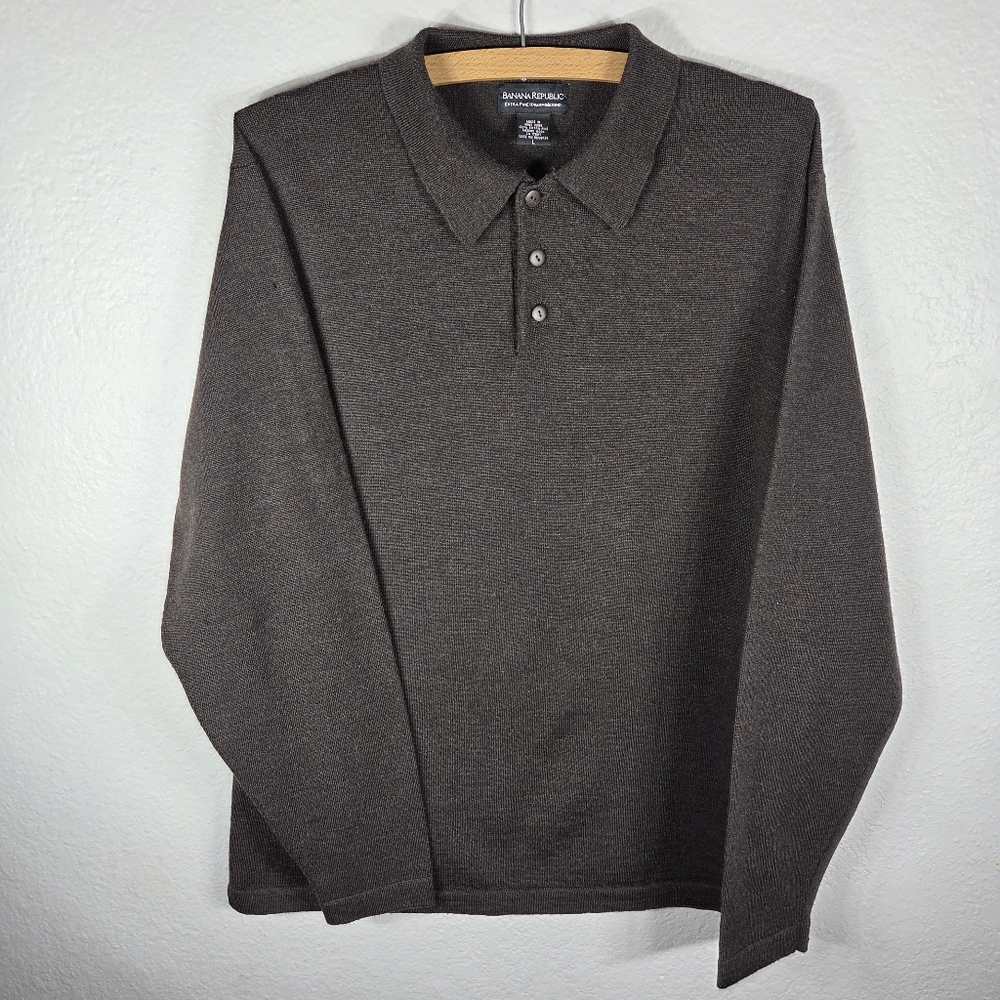 Banana Republic Extra Fine Italian Merino Wool Sweater Size L Brown Collared